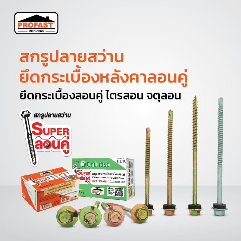 สกรูปลายสว่าน สกรูยึดกระเบื้องหลังคาลอนคู่